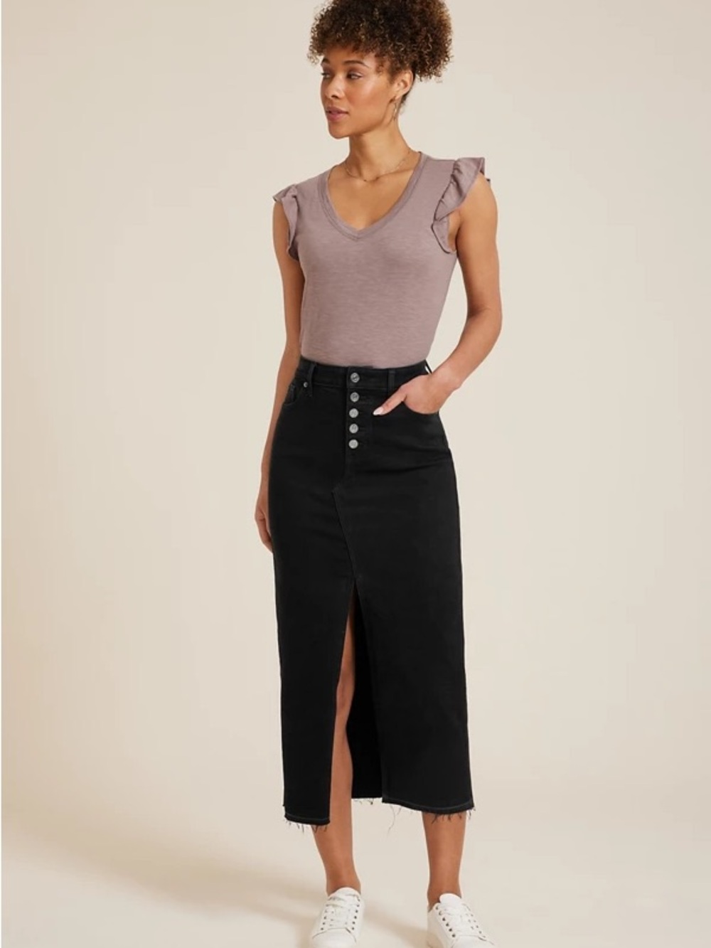 High-Rise Black Button-Front Denim Midi Skirt